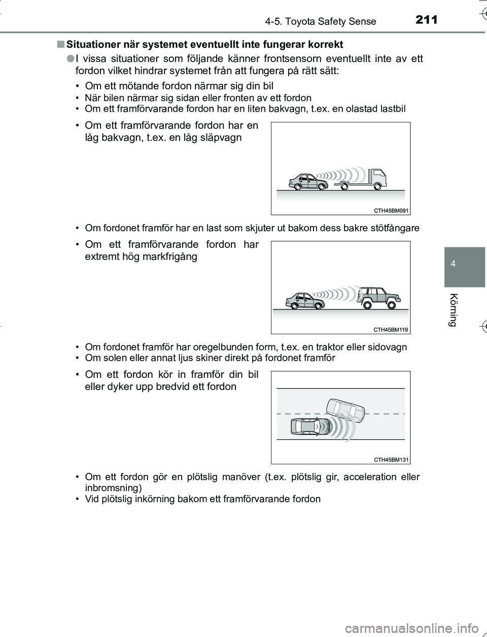 TOYOTA YARIS HATCHBACK 2016 Bruksanvisningar (in Swedish) 2114-5. Toyota Safety Sense
4
Körning
OM52G66SEn
Situationer när systemet eventu ellt inte fungerar korrekt
l I vissa situationer som följande känner frontsensorn eventuellt inte av ett
fordon vil TOYOTA YARIS HATCHBACK 2016 Bruksanvisningar (in Swedish) 2114-5. Toyota Safety Sense
4
Körning
OM52G66SEn
Situationer när systemet eventu ellt inte fungerar korrekt
l I vissa situationer som följande känner frontsensorn eventuellt inte av ett
fordon vil