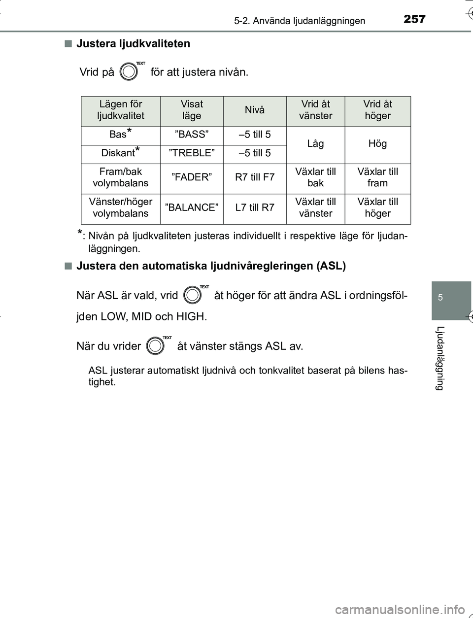 TOYOTA YARIS 2016  Bruksanvisningar (in Swedish) 2575-2. Använda ljudanläggningen
5
Ljudanläggning
OM52G66SEn
Justera ljudkvaliteten
Vrid på   för att justera nivån.
*: Nivån på ljudkvaliteten justeras individuellt i respektive läge för lj