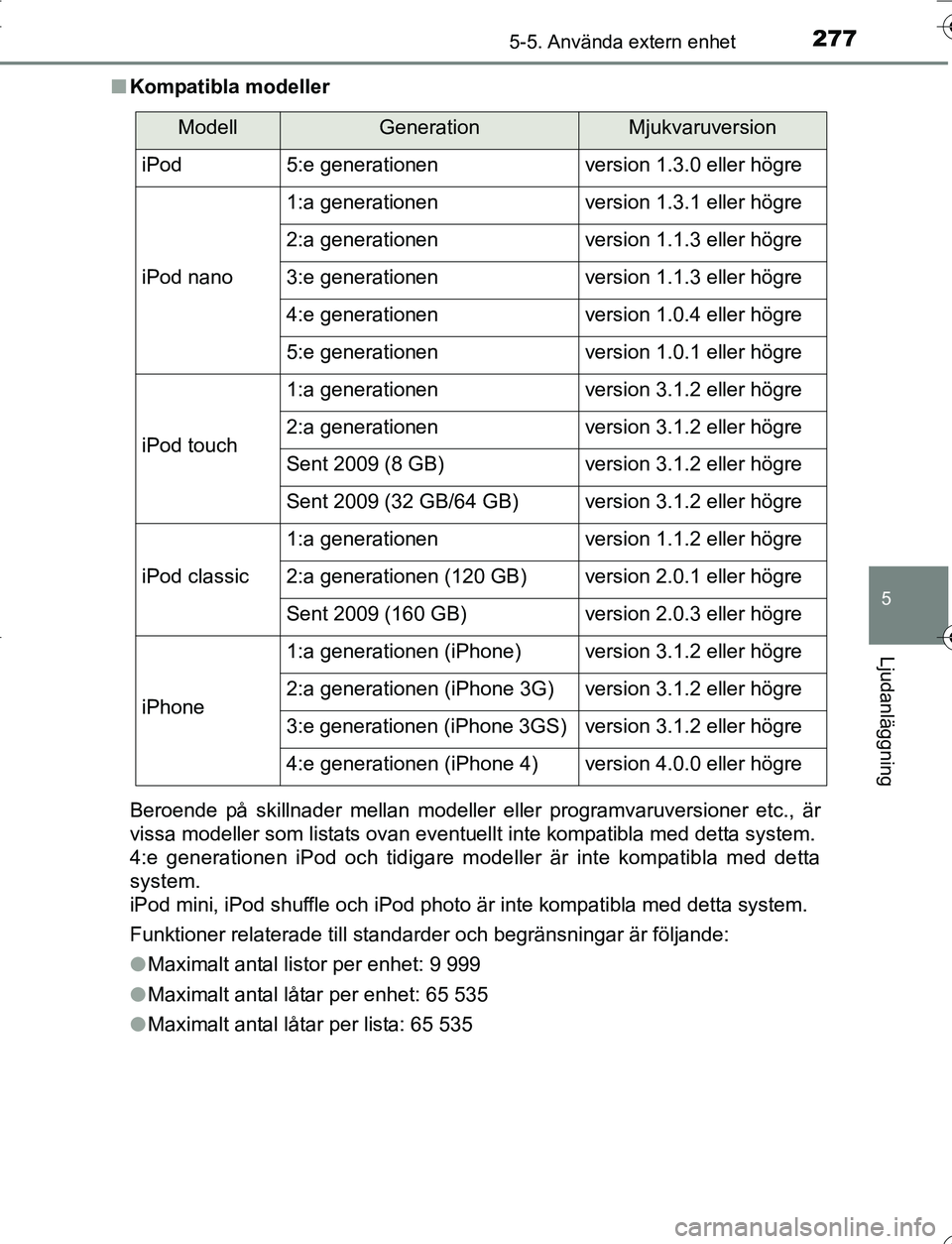 TOYOTA YARIS 2016 Bruksanvisningar (in Swedish) 2775-5. Använda extern enhet
5
Ljudanläggning
OM52G66SEn
Kompatibla modeller
Beroende på skillnader mellan modeller eller programvaruversioner etc., är
vissa modeller som listats ovan eventuellt i TOYOTA YARIS 2016 Bruksanvisningar (in Swedish) 2775-5. Använda extern enhet
5
Ljudanläggning
OM52G66SEn
Kompatibla modeller
Beroende på skillnader mellan modeller eller programvaruversioner etc., är
vissa modeller som listats ovan eventuellt i