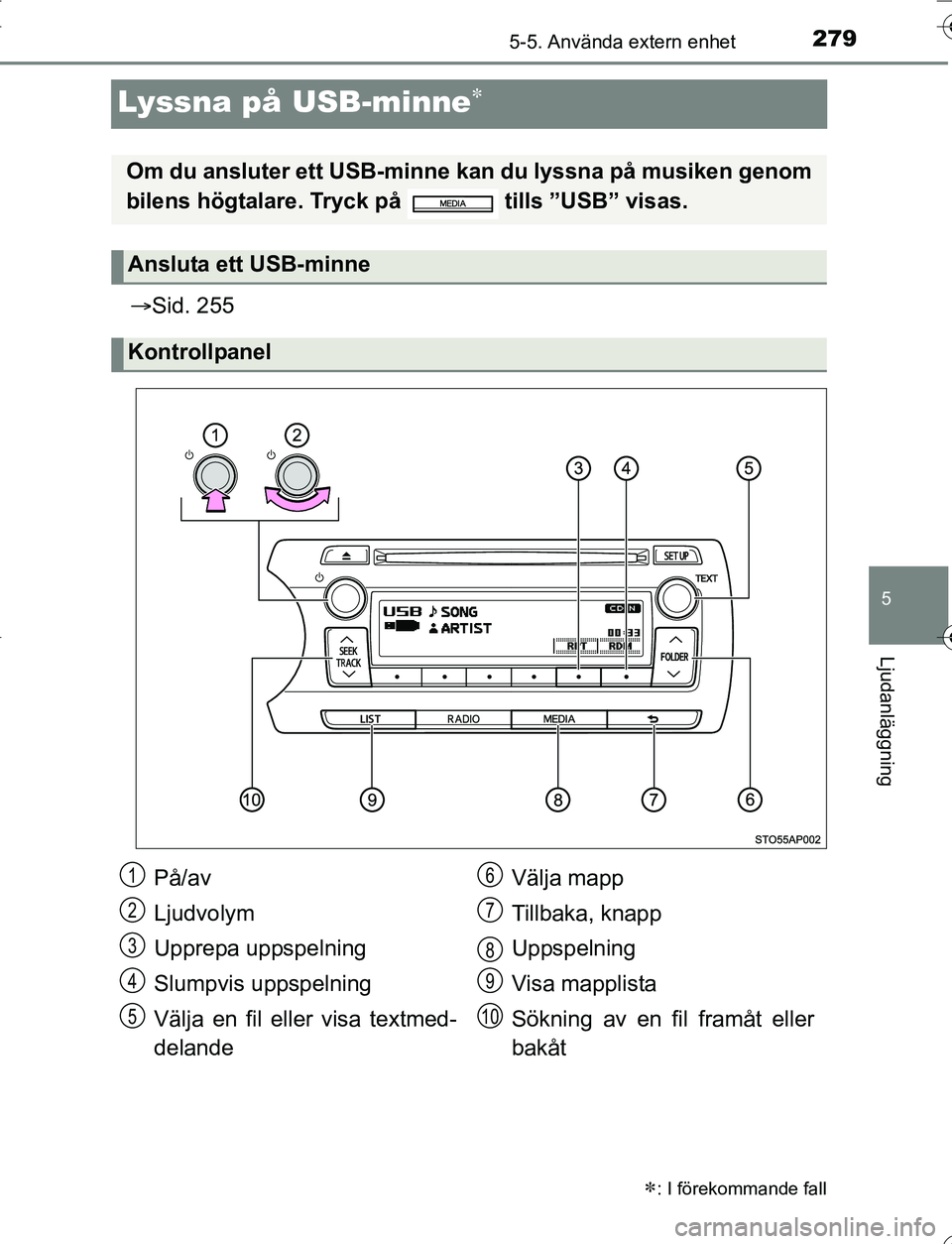 TOYOTA YARIS 2016 Bruksanvisningar (in Swedish) 279
5
5-5. Använda extern enhet
Ljudanläggning
OM52G66SE
Lyssna på USB-minne
Sid. 255
: I förekommande fall
Om du ansluter ett USB-minne kan du lyssna på musiken genom
bilens högtalare TOYOTA YARIS 2016 Bruksanvisningar (in Swedish) 279
5
5-5. Använda extern enhet
Ljudanläggning
OM52G66SE
Lyssna på USB-minne
Sid. 255
: I förekommande fall
Om du ansluter ett USB-minne kan du lyssna på musiken genom
bilens högtalare