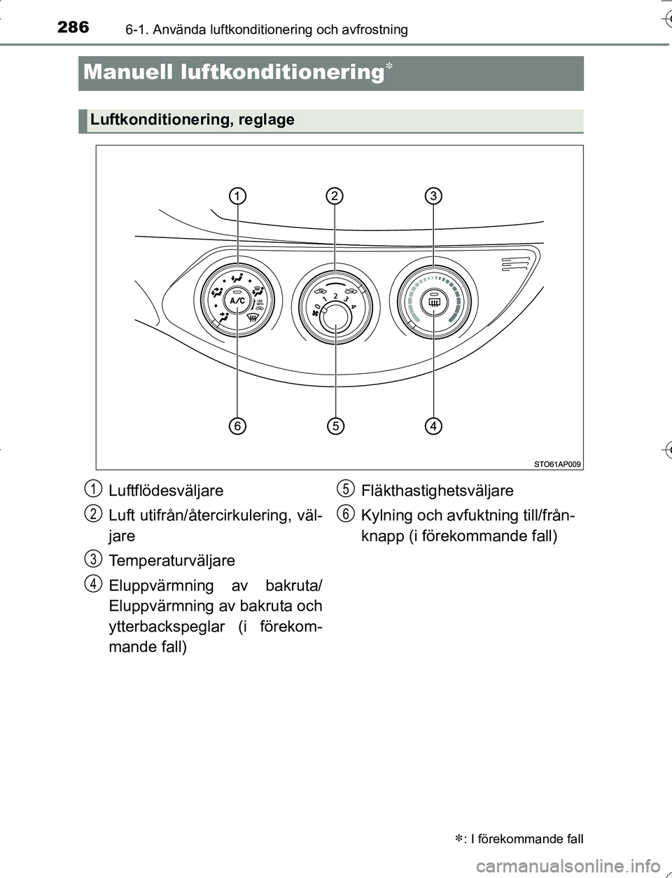 TOYOTA YARIS 2016 Bruksanvisningar (in Swedish) 2866-1. Använda luftkonditionering och avfrostning
OM52G66SE
Manuell luftkonditionering
: I förekommande fall
Luftkonditionering, reglage
Luftflödesväljare
Luft utifrån/återcirkulering, v TOYOTA YARIS 2016 Bruksanvisningar (in Swedish) 2866-1. Använda luftkonditionering och avfrostning
OM52G66SE
Manuell luftkonditionering
: I förekommande fall
Luftkonditionering, reglage
Luftflödesväljare
Luft utifrån/återcirkulering, v