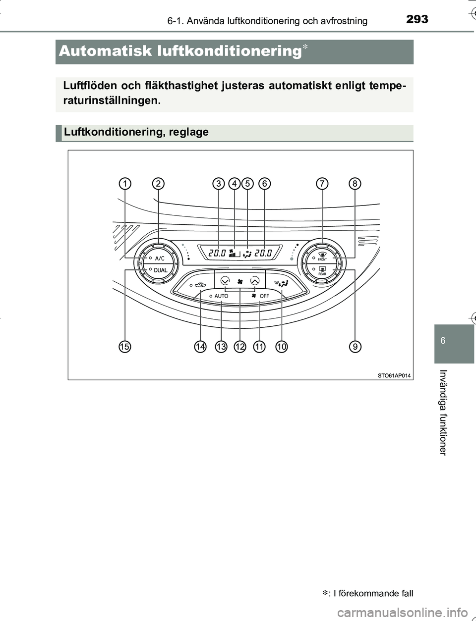 TOYOTA YARIS 2016 Bruksanvisningar (in Swedish) 2936-1. Använda luftkonditionering och avfrostning
6
Invändiga funktioner
OM52G66SE
Automatisk luftkonditionering
: I förekommande fall
Luftflöden och fläkthastighet justeras automatiskt en TOYOTA YARIS 2016 Bruksanvisningar (in Swedish) 2936-1. Använda luftkonditionering och avfrostning
6
Invändiga funktioner
OM52G66SE
Automatisk luftkonditionering
: I förekommande fall
Luftflöden och fläkthastighet justeras automatiskt en