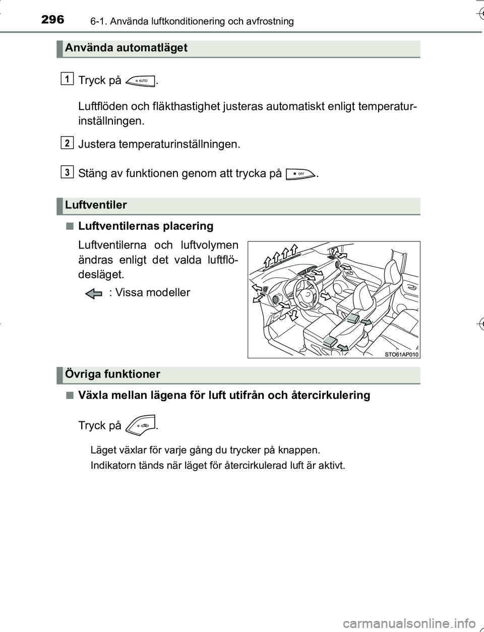 TOYOTA YARIS 2016 Bruksanvisningar (in Swedish) 2966-1. Använda luftkonditionering och avfrostning
OM52G66SE
Tryck på .
Luftflöden och fläkthastighet justeras automatiskt enligt temperatur-
inställningen.
Justera temperaturinställningen.
St TOYOTA YARIS 2016 Bruksanvisningar (in Swedish) 2966-1. Använda luftkonditionering och avfrostning
OM52G66SE
Tryck på .
Luftflöden och fläkthastighet justeras automatiskt enligt temperatur-
inställningen.
Justera temperaturinställningen.
St