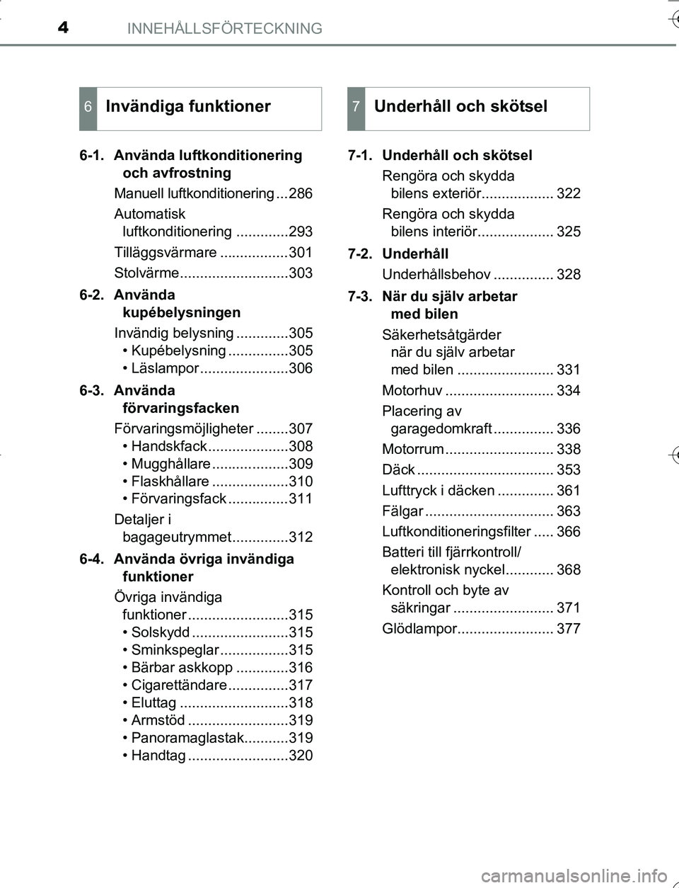 TOYOTA YARIS HATCHBACK 2016 Bruksanvisningar (in Swedish) INNEHÅLLSFÖRTECKNING4
OM52G66SE6-1. Använda luftkonditionering
och avfrostning
Manuell luftkonditionering ... 286
Automatisk luftkonditionering .............293
Tilläggsvärmare ................ TOYOTA YARIS HATCHBACK 2016 Bruksanvisningar (in Swedish) INNEHÅLLSFÖRTECKNING4
OM52G66SE6-1. Använda luftkonditionering
och avfrostning
Manuell luftkonditionering ... 286
Automatisk luftkonditionering .............293
Tilläggsvärmare ................