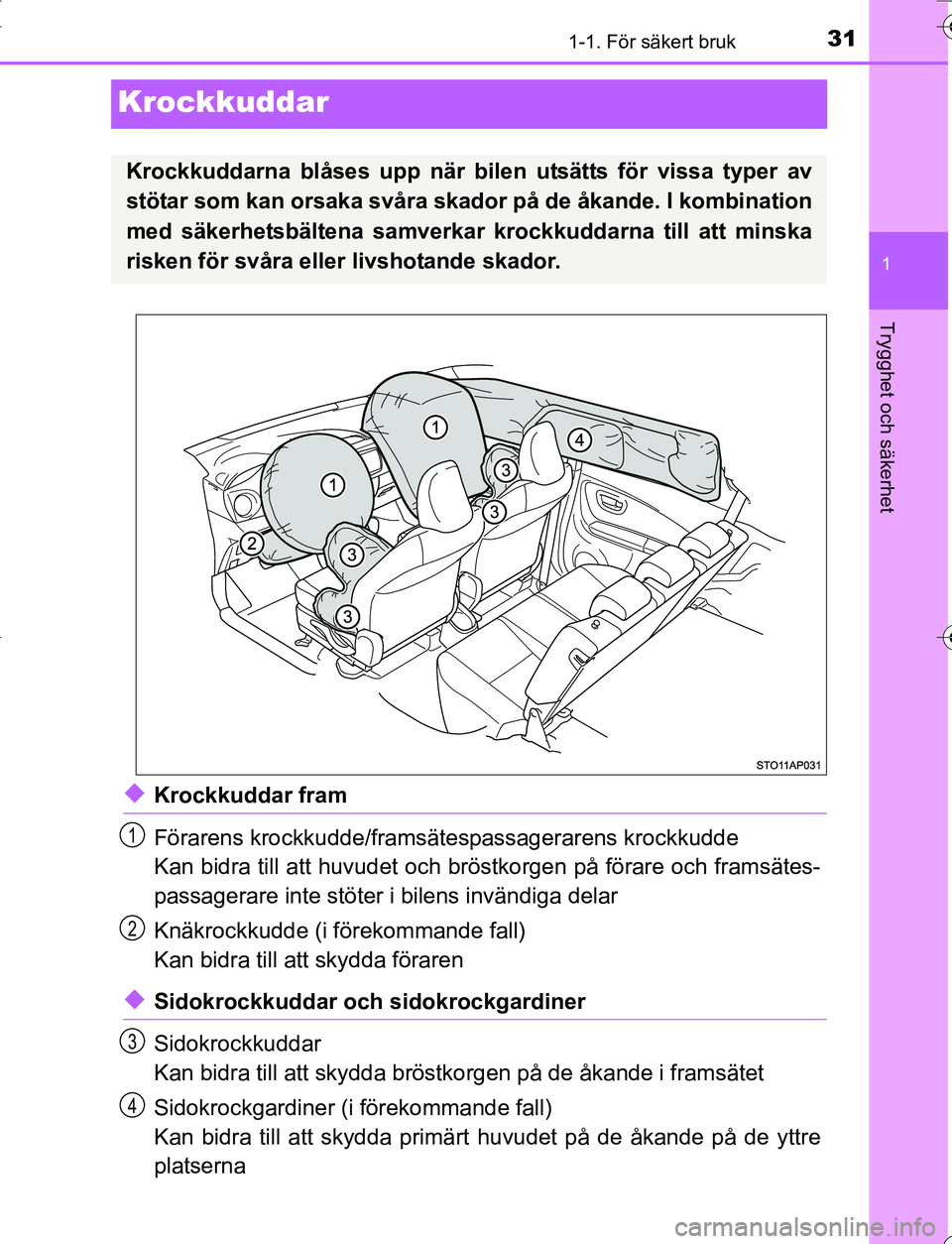 TOYOTA YARIS 2016 Bruksanvisningar (in Swedish) 311-1. För säkert bruk
1
Trygghet och säkerhet
OM52G66SE
Krockkuddar
uKrockkuddar fram
Förarens krockkudde/framsätespassagerarens krockkudde
Kan bidra till att huvudet och bröstkorgen på förar TOYOTA YARIS 2016 Bruksanvisningar (in Swedish) 311-1. För säkert bruk
1
Trygghet och säkerhet
OM52G66SE
Krockkuddar
uKrockkuddar fram
Förarens krockkudde/framsätespassagerarens krockkudde
Kan bidra till att huvudet och bröstkorgen på förar