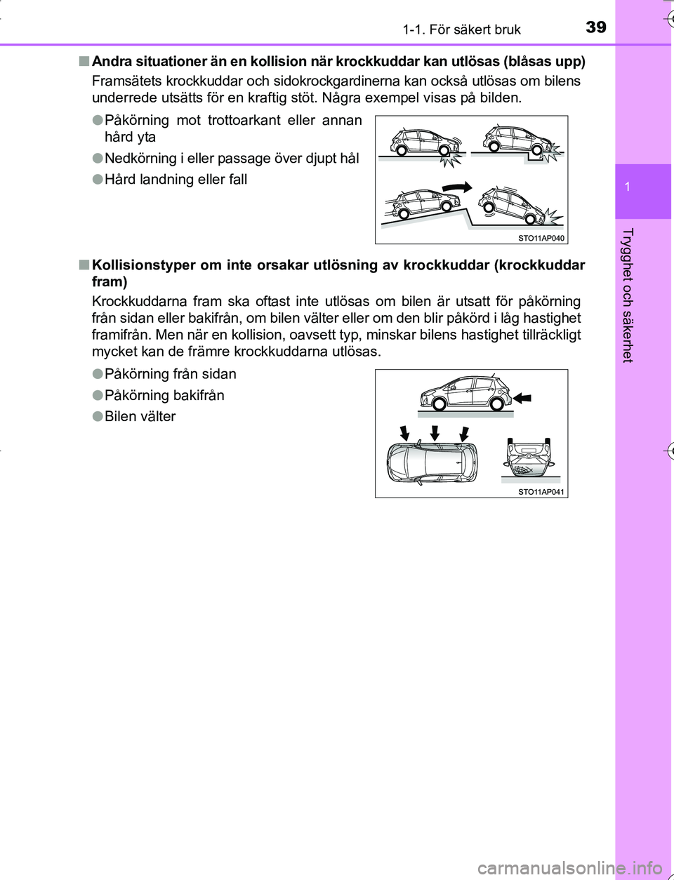 TOYOTA YARIS 2016 Bruksanvisningar (in Swedish) 391-1. För säkert bruk
1
Trygghet och säkerhet
OM52G66SEn
Andra situationer än en kollision nä r krockkuddar kan utlösas (blåsas upp)
Framsätets krockkuddar och sidokrockgardinerna kan också TOYOTA YARIS 2016 Bruksanvisningar (in Swedish) 391-1. För säkert bruk
1
Trygghet och säkerhet
OM52G66SEn
Andra situationer än en kollision nä r krockkuddar kan utlösas (blåsas upp)
Framsätets krockkuddar och sidokrockgardinerna kan också