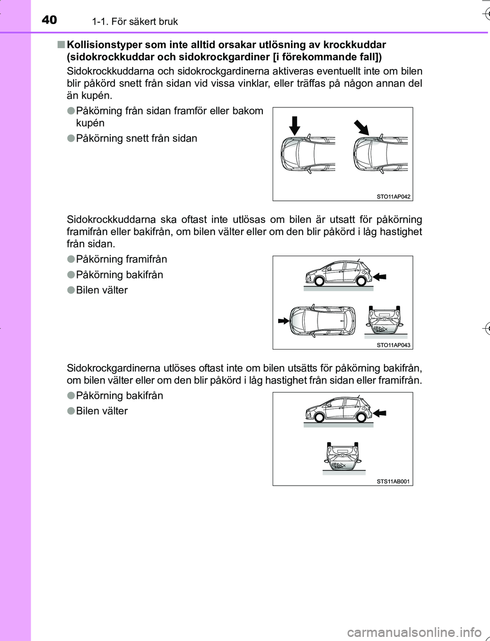 TOYOTA YARIS 2016  Bruksanvisningar (in Swedish) 401-1. För säkert bruk
OM52G66SEn
Kollisionstyper som inte alltid  orsakar utlösning av krockkuddar 
(sidokrockkuddar och sidokrockgar diner [i förekommande fall])
Sidokrockkuddarna och sidokrockg