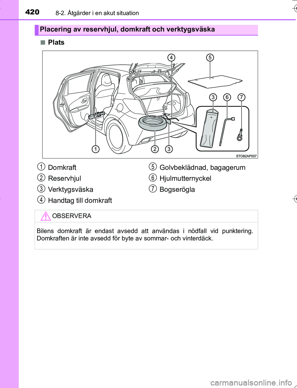 TOYOTA YARIS HATCHBACK 2016 Bruksanvisningar (in Swedish) 4208-2. Åtgärder i en akut situation
OM52G66SEn
Plats
Placering av reservhjul, domkraft och verktygsväska
Domkraft
Reservhjul
Ve r k t y g s v ä s k a
Handtag till domkraft
Golvbeklädnad, bagager TOYOTA YARIS HATCHBACK 2016 Bruksanvisningar (in Swedish) 4208-2. Åtgärder i en akut situation
OM52G66SEn
Plats
Placering av reservhjul, domkraft och verktygsväska
Domkraft
Reservhjul
Ve r k t y g s v ä s k a
Handtag till domkraft
Golvbeklädnad, bagager