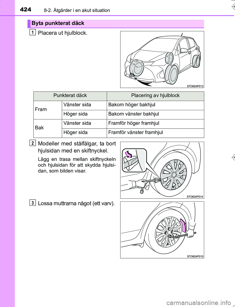 TOYOTA YARIS 2016  Bruksanvisningar (in Swedish) 4248-2. Åtgärder i en akut situation
OM52G66SE
Placera ut hjulblock.
Modeller med stålfälgar, ta bort
hjulsidan med en skiftnyckel.
Lägg en trasa mellan skiftnyckeln
och hjulsidan för att skydda