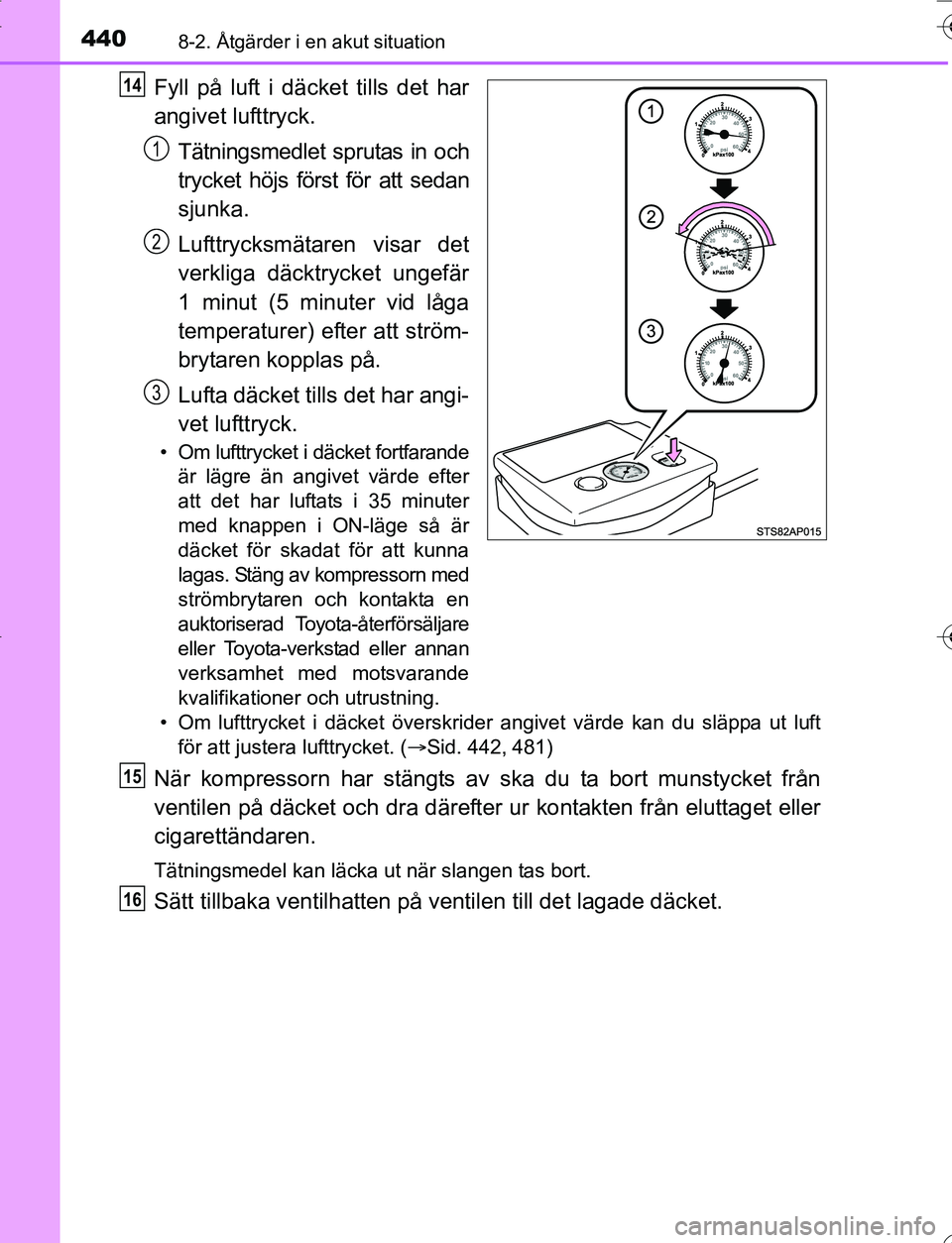 TOYOTA YARIS HATCHBACK 2016 Bruksanvisningar (in Swedish) 4408-2. Åtgärder i en akut situation
OM52G66SE
Fyll på luft i däcket tills det har
angivet lufttryck.Tätningsmedlet sprutas in och
trycket höjs först för att sedan
sjunka.
Lufttrycksmätaren v TOYOTA YARIS HATCHBACK 2016 Bruksanvisningar (in Swedish) 4408-2. Åtgärder i en akut situation
OM52G66SE
Fyll på luft i däcket tills det har
angivet lufttryck.Tätningsmedlet sprutas in och
trycket höjs först för att sedan
sjunka.
Lufttrycksmätaren v