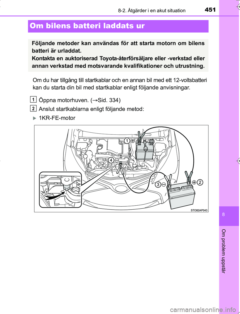 TOYOTA YARIS HATCHBACK 2016 Bruksanvisningar (in Swedish) 4518-2. Åtgärder i en akut situation
8
Om problem uppstår
OM52G66SE
Om bilens batteri laddats ur
Om du har tillgång till startkablar och en annan bil med ett 12-voltsbatteri
kan du starta din bil TOYOTA YARIS HATCHBACK 2016 Bruksanvisningar (in Swedish) 4518-2. Åtgärder i en akut situation
8
Om problem uppstår
OM52G66SE
Om bilens batteri laddats ur
Om du har tillgång till startkablar och en annan bil med ett 12-voltsbatteri
kan du starta din bil