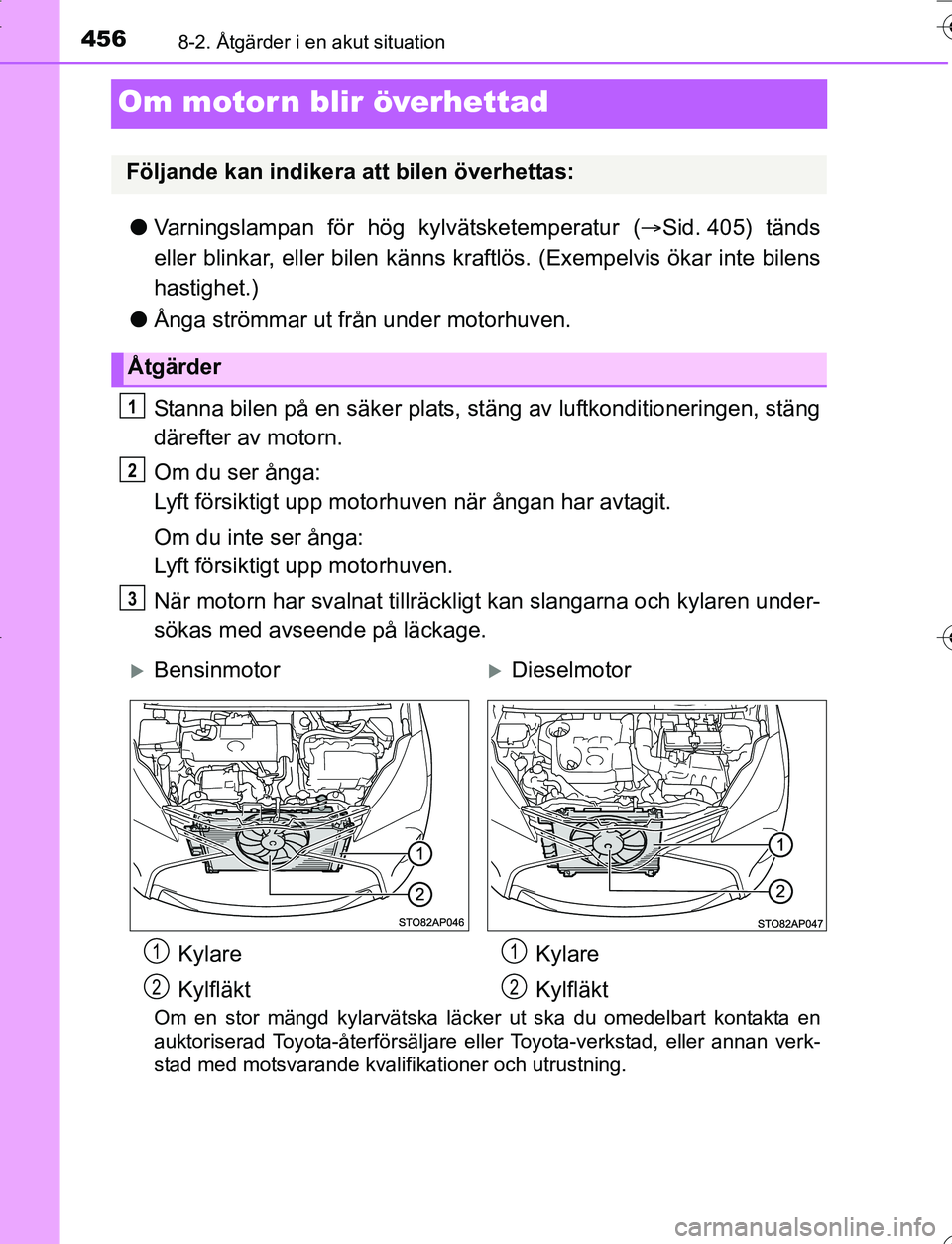 TOYOTA YARIS HATCHBACK 2016 Bruksanvisningar (in Swedish) 4568-2. Åtgärder i en akut situation
OM52G66SE
Om motorn blir överhettad
lVarningslampan för hög kylvätsketemperatur ( Sid. 405) tänds
eller blinkar, eller bilen känns kraf tlös. (Exempelv TOYOTA YARIS HATCHBACK 2016 Bruksanvisningar (in Swedish) 4568-2. Åtgärder i en akut situation
OM52G66SE
Om motorn blir överhettad
lVarningslampan för hög kylvätsketemperatur ( Sid. 405) tänds
eller blinkar, eller bilen känns kraf tlös. (Exempelv