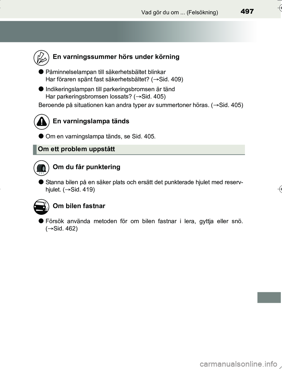 TOYOTA YARIS HATCHBACK 2016 Bruksanvisningar (in Swedish) 497Vad gör du om ... (Felsökning)
OM52G66SE
lPåminnelselampan till säkerhetsbältet blinkar
Har föraren spänt fast säkerhetsbältet? (Sid. 409)
lIndikeringslampan till parkeringsbromsen är TOYOTA YARIS HATCHBACK 2016 Bruksanvisningar (in Swedish) 497Vad gör du om ... (Felsökning)
OM52G66SE
lPåminnelselampan till säkerhetsbältet blinkar
Har föraren spänt fast säkerhetsbältet? (Sid. 409)
lIndikeringslampan till parkeringsbromsen är