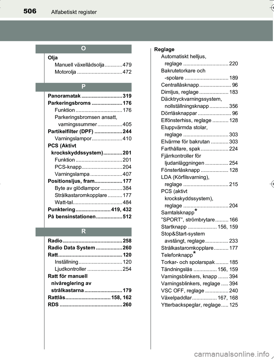 TOYOTA YARIS HATCHBACK 2016  Bruksanvisningar (in Swedish) 506Alfabetiskt register
OM52G66SE
OljaManuell växellådsolja ............ 479
Motorolja ............................... 472
Panoramatak ............................ 319
Parkeringsbroms ..............