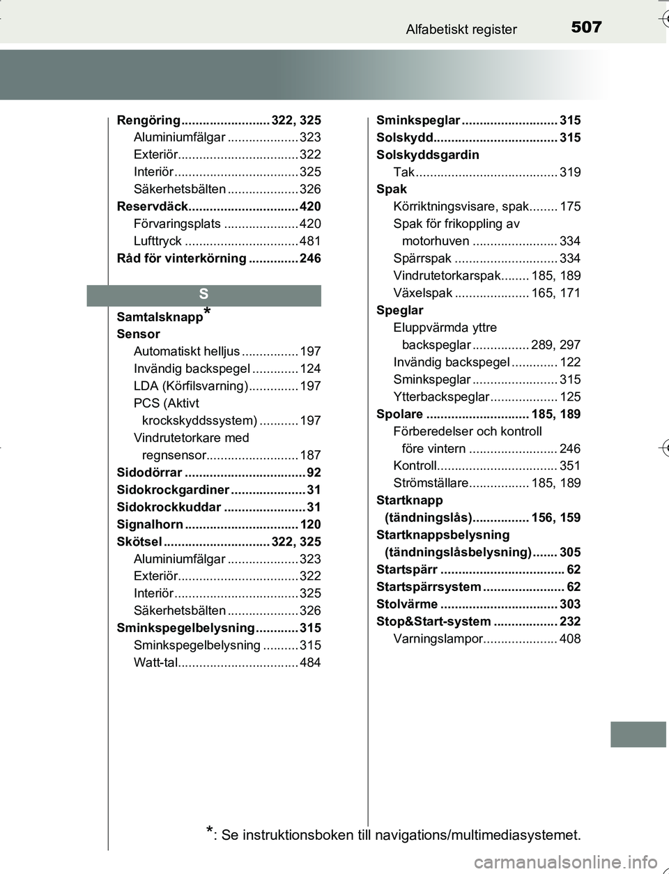 TOYOTA YARIS HATCHBACK 2016  Bruksanvisningar (in Swedish) 507Alfabetiskt register
OM52G66SE
Rengöring ......................... 322, 325Aluminiumfälgar .................... 323
Exteriör.................................. 322
Interiör .....................