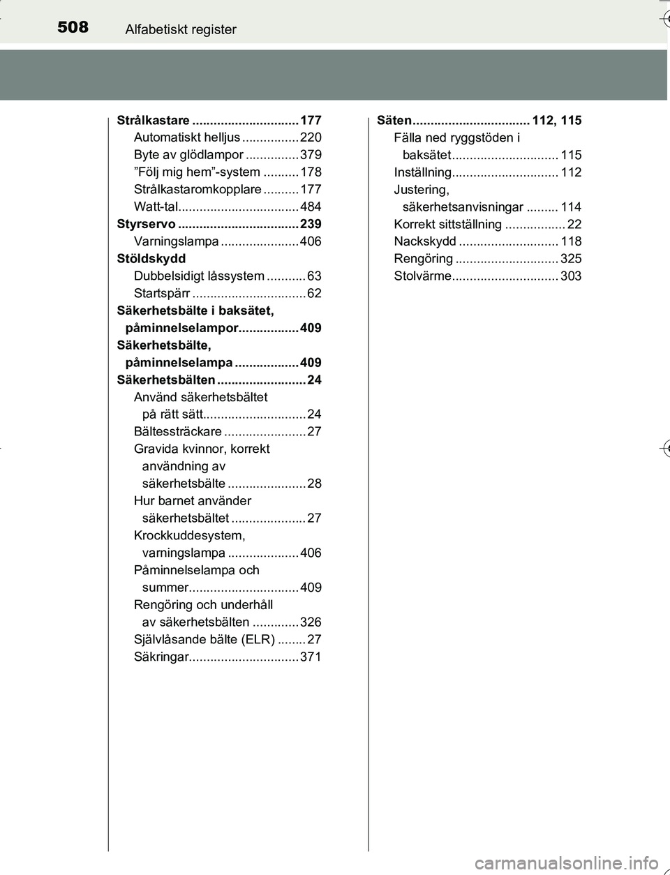 TOYOTA YARIS HATCHBACK 2016  Bruksanvisningar (in Swedish) 508Alfabetiskt register
OM52G66SE
Strålkastare .............................. 177Automatiskt helljus ................ 220
Byte av glödlampor ............... 379
”Följ mig hem”-system ..........
