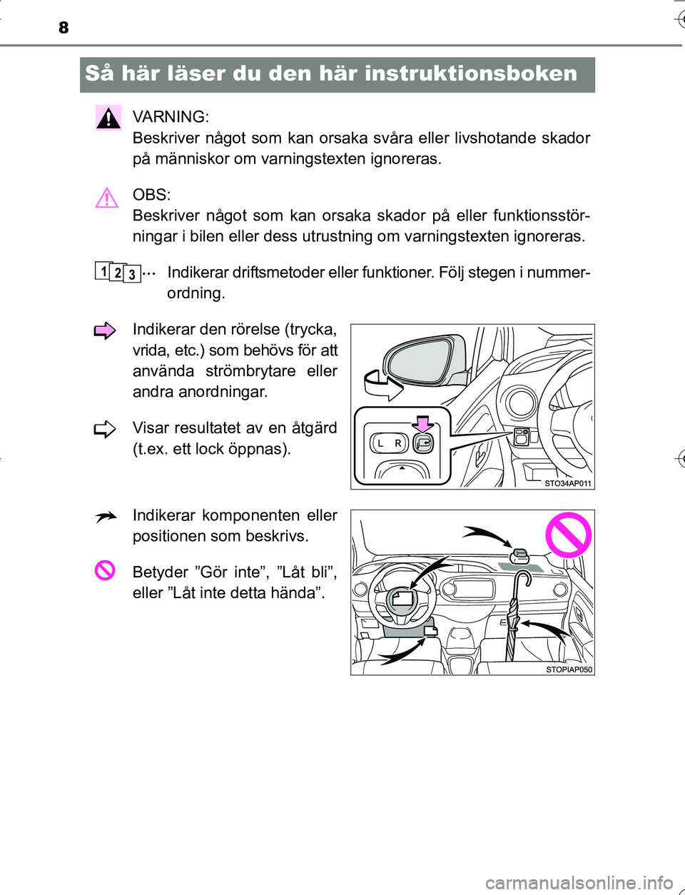 TOYOTA YARIS HATCHBACK 2016  Bruksanvisningar (in Swedish) 8
OM52G66SE
Så här läser du den här instruktionsboken
VA R N I N G :  
Beskriver något som kan orsaka svåra eller livshotande skador
på människor om varningstexten ignoreras.
OBS: 
Beskriver n