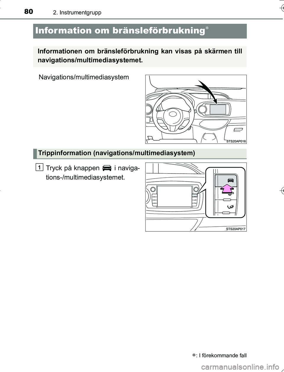 TOYOTA YARIS HATCHBACK 2016  Bruksanvisningar (in Swedish) 802. Instrumentgrupp
OM52G66SE
Information om bränsleförbrukning
Navigations/multimediasystemTryck på knappen   i naviga-
tions-/multimediasystemet.
: I förekommande fall
Informationen om br