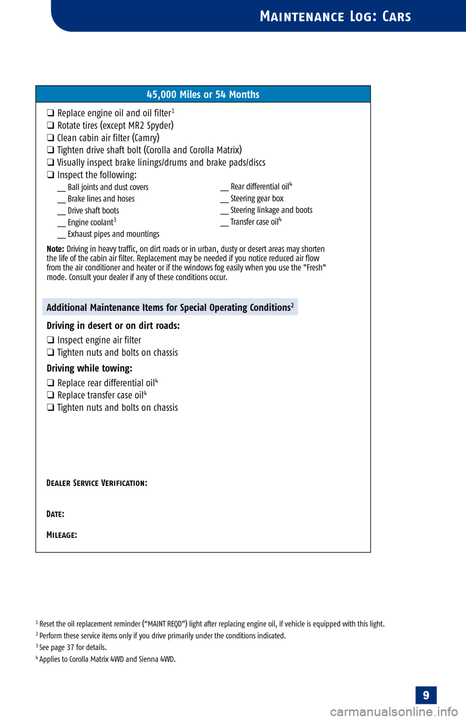 TOYOTA 4RUNNER 2005 N210 / 4.G Scheduled Maintenance Guide 
1 Reset the oil replacement reminder (“MAINT REQD”) light after replacing engine oil, if vehicle is equipped with this light.2 Per for m t hese service items only if you drive primarily under the