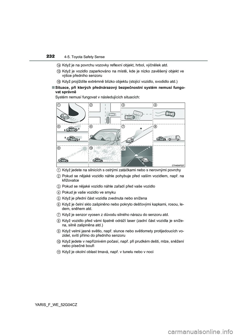 TOYOTA YARIS HATCHBACK 2015  Návod na použití (in Czech) 2324-5. Toyota Safety Sense
YARIS_F_WE_52G04CZ 
Když je na povrchu vozovky reflexní objekt, hrbol, vý čnělek atd. 
Když je vozidlo zaparkováno na míst ě, kde je nízko zavěšený objekt ve 
