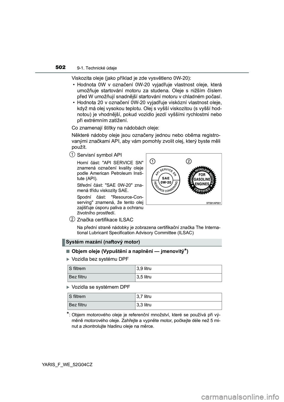 TOYOTA YARIS HATCHBACK 2015 Návod na použití (in Czech) 5029-1. Technické údaje
YARIS_F_WE_52G04CZ
Viskozita oleje (jako příklad je zde vysvětleno 0W-20):
• Hodnota 0W v označení 0W-20 vyjadřuje vlastnost oleje, která
umožňuje startování mo TOYOTA YARIS HATCHBACK 2015 Návod na použití (in Czech) 5029-1. Technické údaje
YARIS_F_WE_52G04CZ
Viskozita oleje (jako příklad je zde vysvětleno 0W-20):
• Hodnota 0W v označení 0W-20 vyjadřuje vlastnost oleje, která
umožňuje startování mo