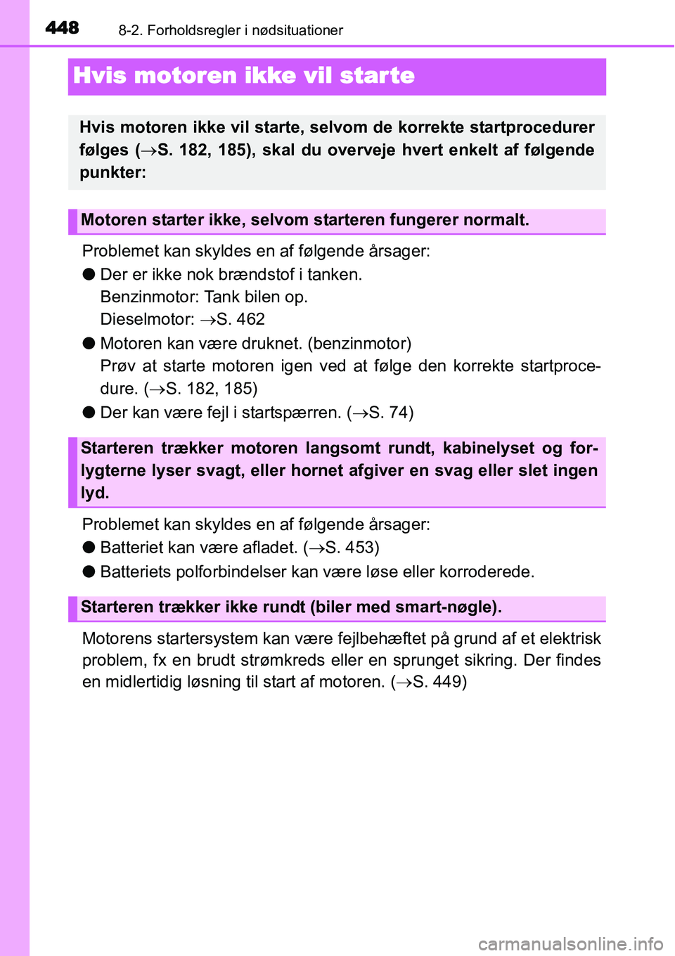 TOYOTA YARIS HATCHBACK 2014 Brugsanvisning (in Danish) 4488-2. Forholdsregler i nødsituationer
Hvis motoren ikke vil star te
Problemet kan skyldes en af følgende årsager:
●Der er ikke nok brændstof i tanken.
Benzinmotor: Tank bilen op.
Dieselmotor TOYOTA YARIS HATCHBACK 2014 Brugsanvisning (in Danish) 4488-2. Forholdsregler i nødsituationer
Hvis motoren ikke vil star te
Problemet kan skyldes en af følgende årsager:
●Der er ikke nok brændstof i tanken.
Benzinmotor: Tank bilen op.
Dieselmotor
