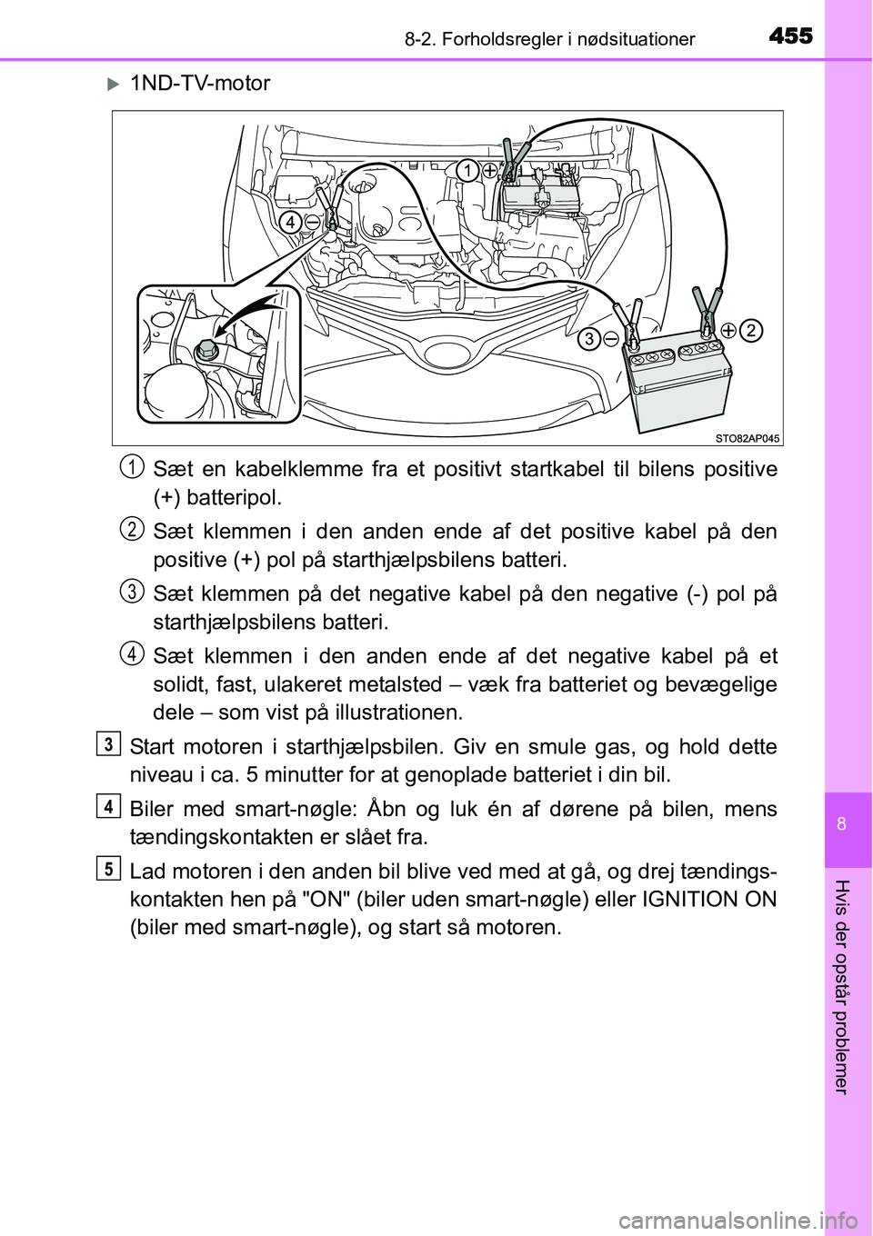 TOYOTA YARIS HATCHBACK 2014  Brugsanvisning (in Danish) 4558-2. Forholdsregler i nødsituationer
8
Hvis der opstår problemer
�X1ND-TV-motor
Sæt en kabelklemme fra et positivt startkabel til bilens positive
(+) batteripol.
Sæt klemmen i den anden ende af