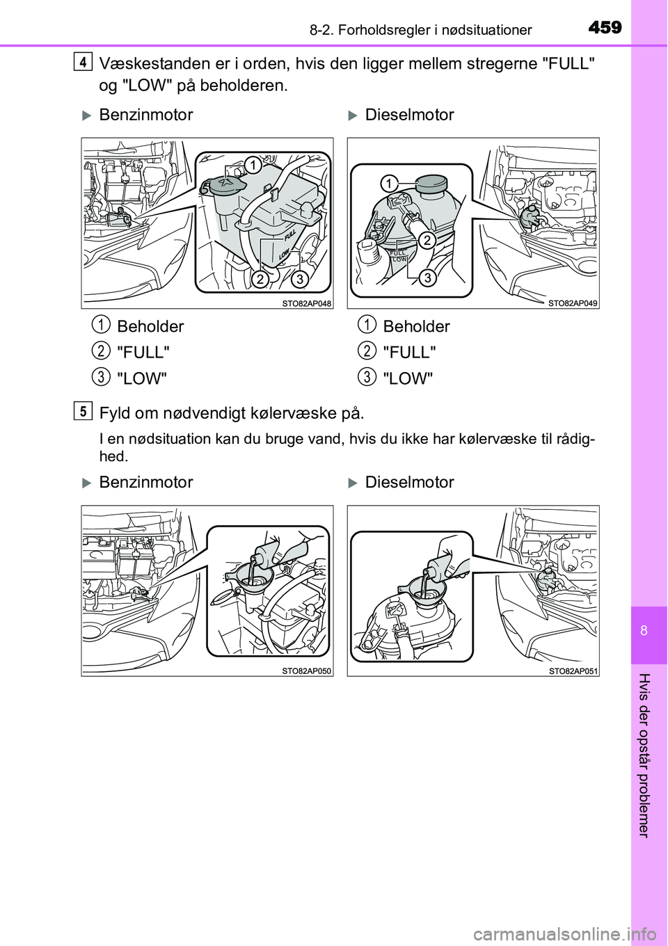 TOYOTA YARIS HATCHBACK 2014  Brugsanvisning (in Danish) 4598-2. Forholdsregler i nødsituationer
8
Hvis der opstår problemer
Væskestanden er i orden, hvis den ligger mellem stregerne "FULL"
og "LOW" på beholderen.
Fyld om nødvendigt kølervæske på.
I