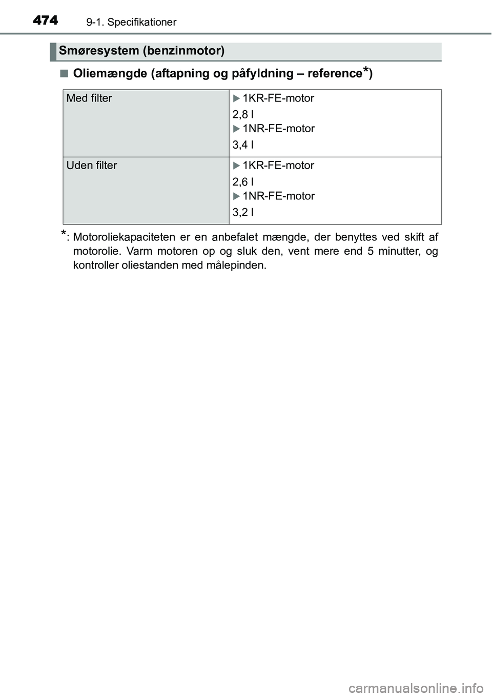 TOYOTA YARIS HATCHBACK 2014  Brugsanvisning (in Danish) 4749-1. Specifikationer
■Oliemængde (aftapning og påfyldning – reference*)
*: Motoroliekapaciteten er en anbefalet mængde, der benyttes ved skift af
motorolie. Varm motoren op og sluk den, vent
