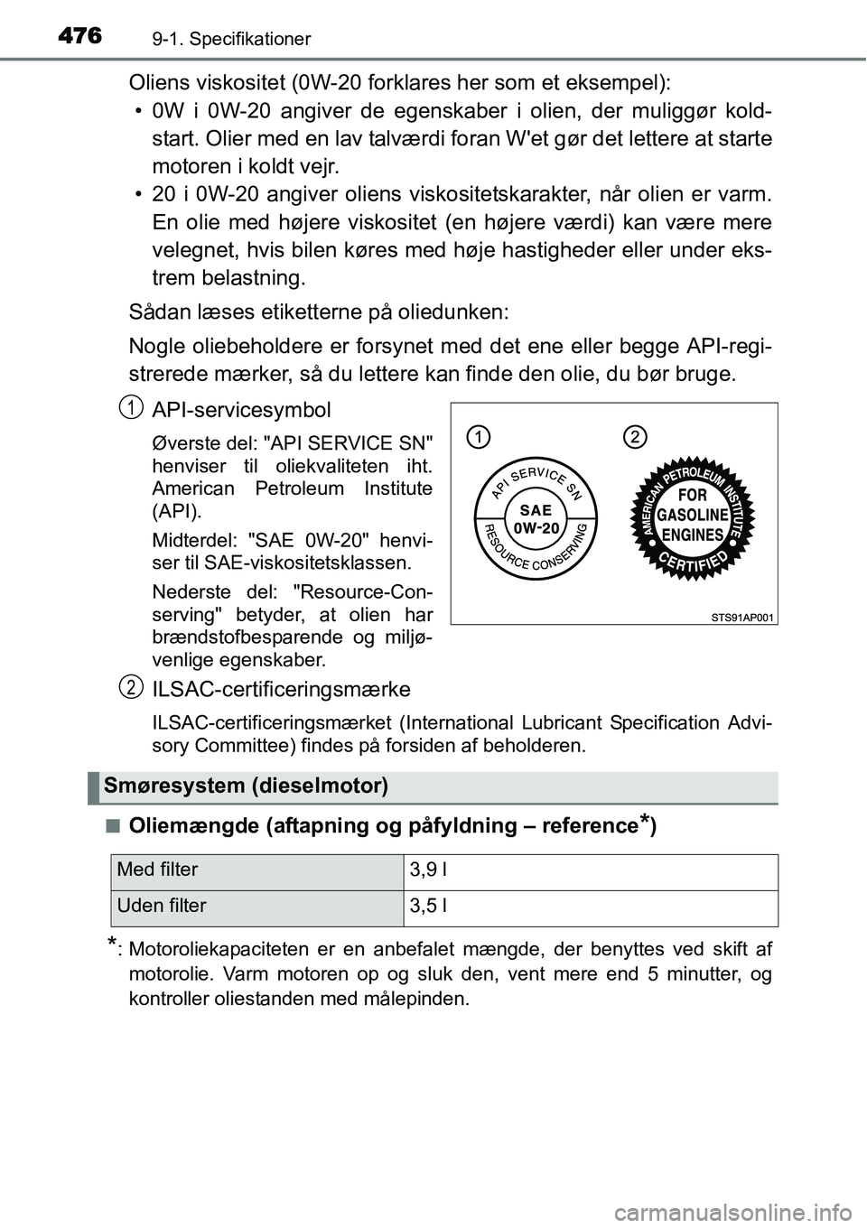 TOYOTA YARIS HATCHBACK 2014  Brugsanvisning (in Danish) 4769-1. Specifikationer
Oliens viskositet (0W-20 forklares her som et eksempel):
• 0W i 0W-20 angiver de egenskaber i olien, der muliggør kold-
start. Olier med en lav talværdi foran Wet gør det