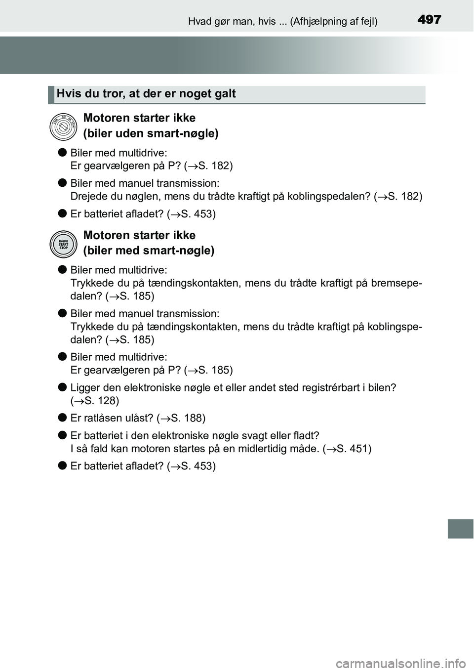TOYOTA YARIS HATCHBACK 2014 Brugsanvisning (in Danish) 497Hvad gør man, hvis ... (Afhjælpning af fejl)
●Biler med multidrive:
Er gearvælgeren på P? (→S. 182)
●Biler med manuel transmission:
Drejede du nøglen, mens du trådte kraftigt på kobl TOYOTA YARIS HATCHBACK 2014 Brugsanvisning (in Danish) 497Hvad gør man, hvis ... (Afhjælpning af fejl)
●Biler med multidrive:
Er gearvælgeren på P? (→S. 182)
●Biler med manuel transmission:
Drejede du nøglen, mens du trådte kraftigt på kobl