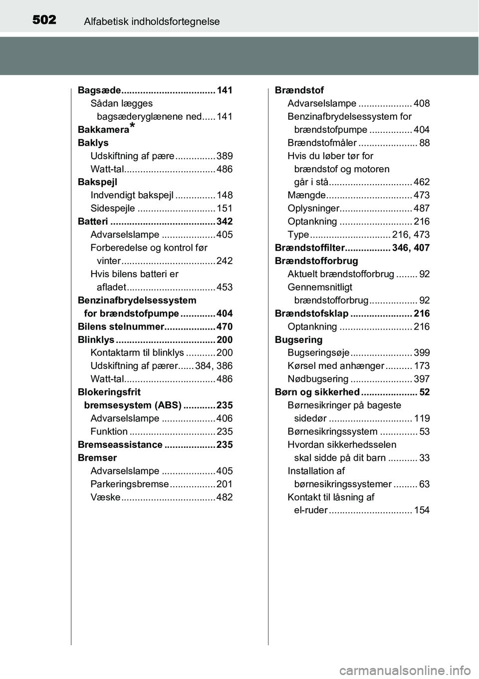 TOYOTA YARIS HATCHBACK 2014 Brugsanvisning (in Danish) 502Alfabetisk indholdsfortegnelse
Bagsæde................................... 141
Sådan lægges
bagsæderyglænene ned..... 141
Bakkamera
*
Baklys
Udskiftning af pære ............... 389
Watt-tal.. TOYOTA YARIS HATCHBACK 2014 Brugsanvisning (in Danish) 502Alfabetisk indholdsfortegnelse
Bagsæde................................... 141
Sådan lægges
bagsæderyglænene ned..... 141
Bakkamera
*
Baklys
Udskiftning af pære ............... 389
Watt-tal..