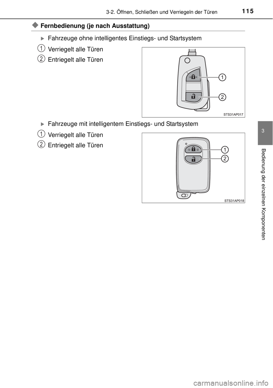 TOYOTA YARIS 2014  Betriebsanleitungen (in German) 1153-2. Öffnen, Schließen und Verriegeln der Türen
3
Bedienung der einzelnen Komponenten
Fernbedienung (je nach Ausstattung)
Fahrzeuge ohne intelligentes Einstiegs- und Startsystem
Verriegelt