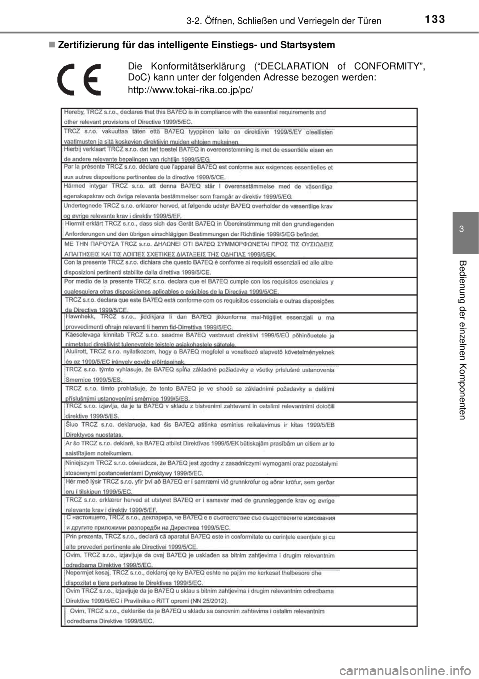 TOYOTA YARIS 2014  Betriebsanleitungen (in German) 1333-2. Öffnen, Schließen und Verriegeln der Türen
3
Bedienung der einzelnen Komponenten
Zertifizierung für das intelligente Einstiegs- und Startsystem
Die Konformitätserklärung (“DECLARATI