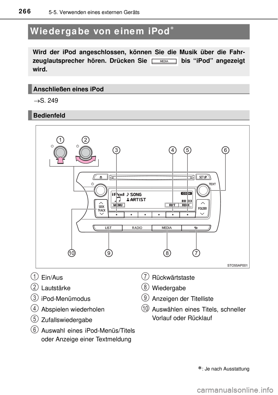 TOYOTA YARIS 2014 Betriebsanleitungen (in German) 2665-5. Verwenden eines externen Geräts
Wiedergabe von einem iPod
S. 249
: Je nach Ausstattung
Wird der iPod angeschlossen, können Sie die Musik über die Fahr-
zeuglautsprecher hören. Dr TOYOTA YARIS 2014 Betriebsanleitungen (in German) 2665-5. Verwenden eines externen Geräts
Wiedergabe von einem iPod
S. 249
: Je nach Ausstattung
Wird der iPod angeschlossen, können Sie die Musik über die Fahr-
zeuglautsprecher hören. Dr