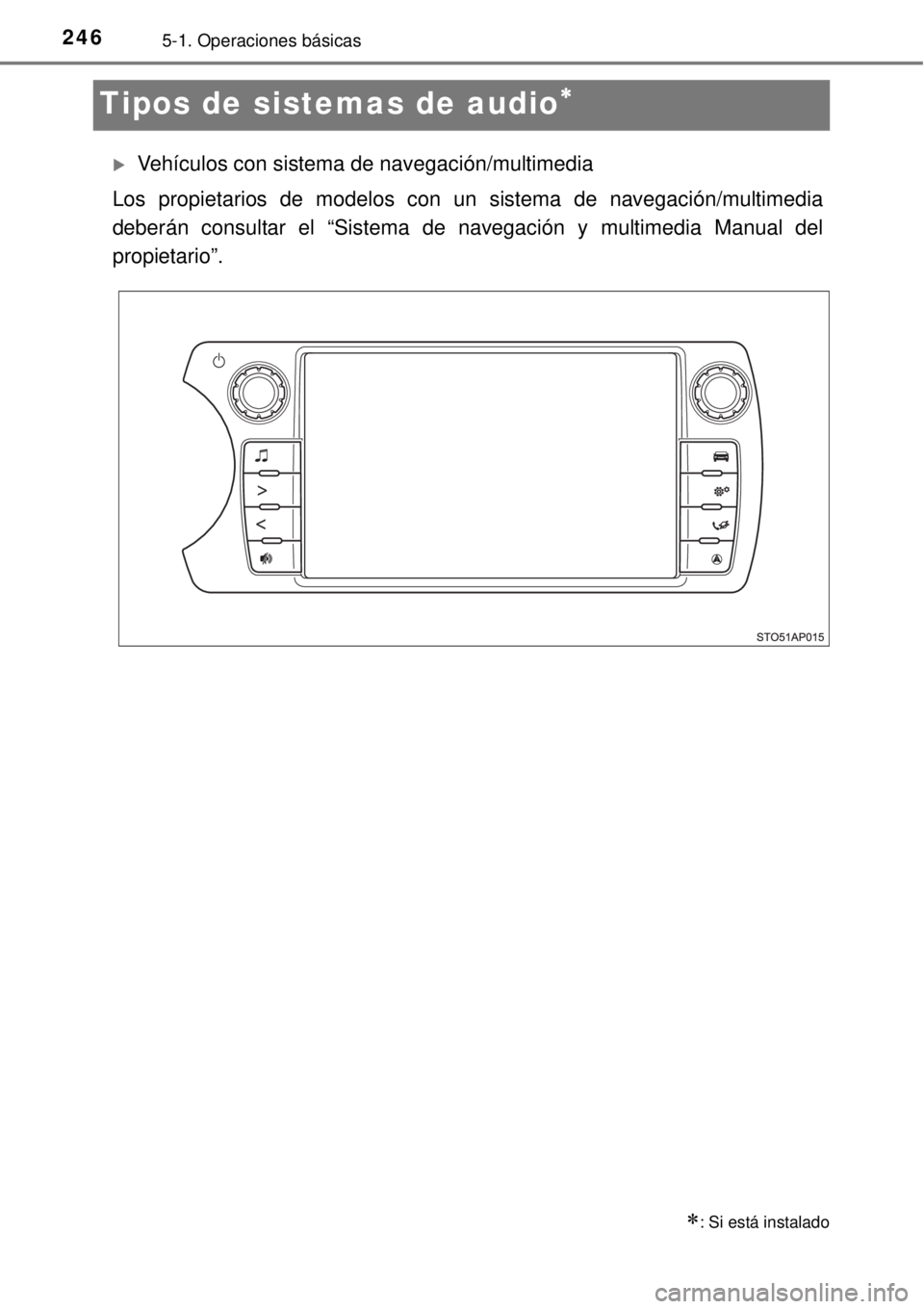 TOYOTA YARIS 2014 Manual del propietario (in Spanish) 2465-1. Operaciones básicas
Tipos de sistemas de audio
Vehículos con sistema de navegación/multimedia
Los propietarios de modelos con un sistema de navegación/multimedia
deberán consultar e TOYOTA YARIS 2014 Manual del propietario (in Spanish) 2465-1. Operaciones básicas
Tipos de sistemas de audio
Vehículos con sistema de navegación/multimedia
Los propietarios de modelos con un sistema de navegación/multimedia
deberán consultar e