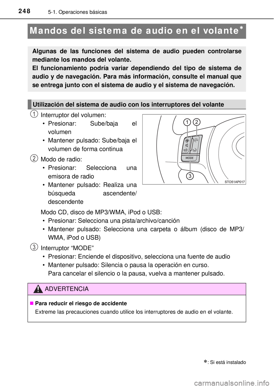 TOYOTA YARIS 2014 Manual del propietario (in Spanish) 2485-1. Operaciones básicas
Mandos del sistema de audio en el volante
Interruptor del volumen:
• Presionar: Sube/baja el
volumen
• Mantener pulsado: Sube/baja el
volumen de forma continua
Modo TOYOTA YARIS 2014 Manual del propietario (in Spanish) 2485-1. Operaciones básicas
Mandos del sistema de audio en el volante
Interruptor del volumen:
• Presionar: Sube/baja el
volumen
• Mantener pulsado: Sube/baja el
volumen de forma continua
Modo