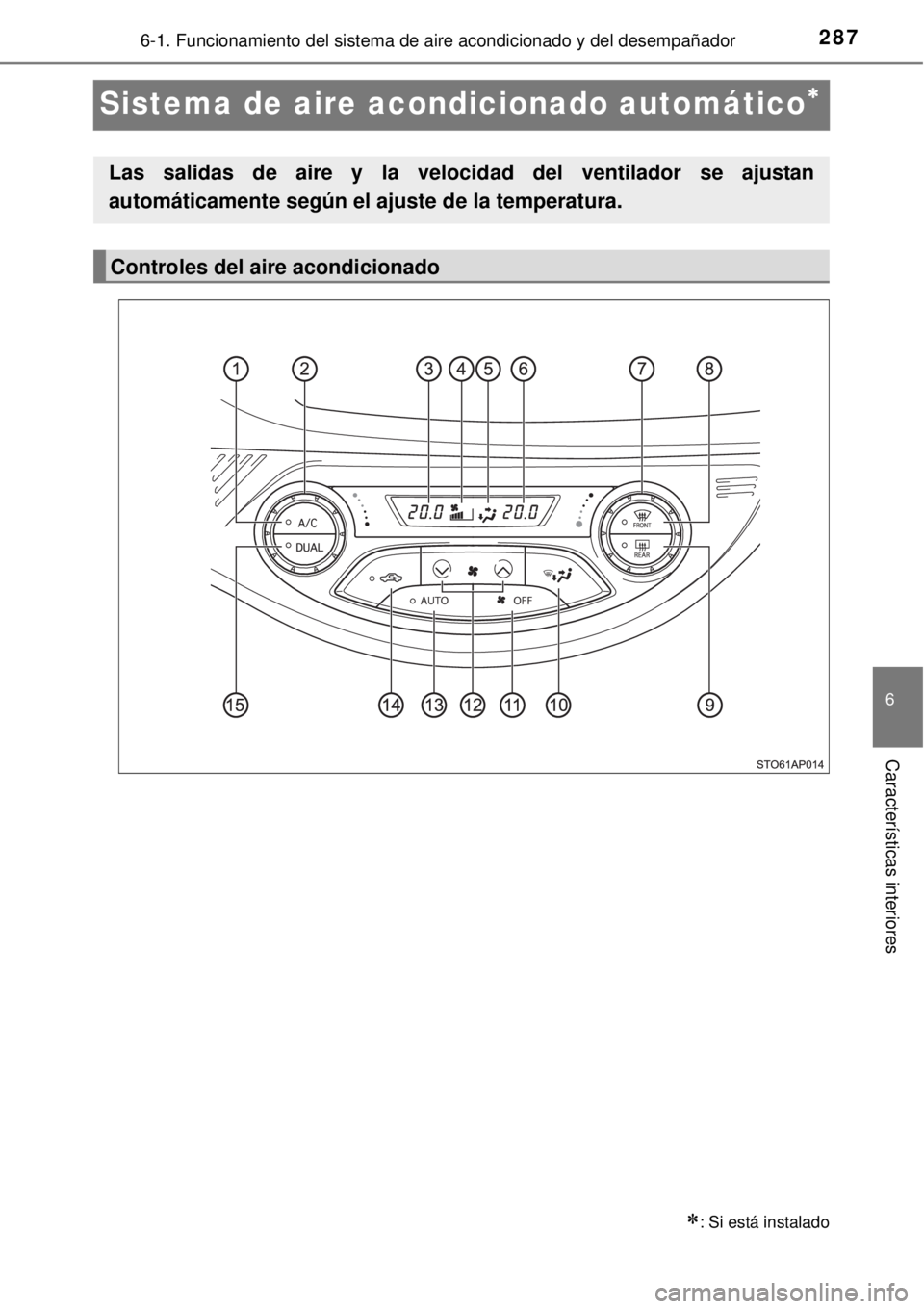 TOYOTA YARIS 2014 Manual del propietario (in Spanish) 2876-1. Funcionamiento del sistema de aire acondicionado y del desempañador
6
Características interiores
Sistema de aire acondicionado automático
: Si está instalado
Las salidas de aire y la TOYOTA YARIS 2014 Manual del propietario (in Spanish) 2876-1. Funcionamiento del sistema de aire acondicionado y del desempañador
6
Características interiores
Sistema de aire acondicionado automático
: Si está instalado
Las salidas de aire y la