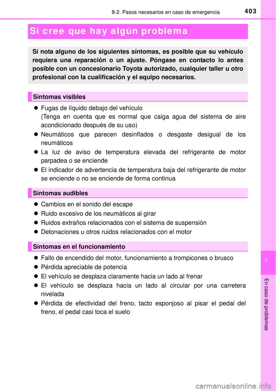 TOYOTA YARIS 2014 Manual del propietario (in Spanish) 4038-2. Pasos necesarios en caso de emergencia
8
En caso de problemas
Si cree que hay algún problema
Fugas de líquido debajo del vehículo
(Tenga en cuenta que es normal que caiga agua del sistem TOYOTA YARIS 2014 Manual del propietario (in Spanish) 4038-2. Pasos necesarios en caso de emergencia
8
En caso de problemas
Si cree que hay algún problema
Fugas de líquido debajo del vehículo
(Tenga en cuenta que es normal que caiga agua del sistem