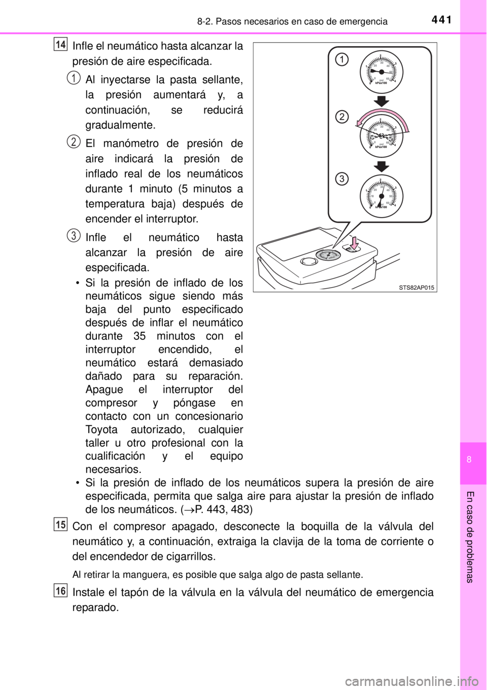 TOYOTA YARIS 2014  Manual del propietario (in Spanish) 4418-2. Pasos necesarios en caso de emergencia
8
En caso de problemas
Infle el neumático hasta alcanzar la
presión de aire especificada.
Al inyectarse la pasta sellante,
la presión aumentará y, a
