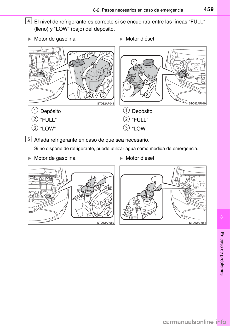 TOYOTA YARIS 2014 Manual del propietario (in Spanish) 4598-2. Pasos necesarios en caso de emergencia
8
En caso de problemas
El nivel de refrigerante es correcto si se encuentra entre las líneas “FULL”
(lleno) y “LOW” (bajo) del depósito.
Añada TOYOTA YARIS 2014 Manual del propietario (in Spanish) 4598-2. Pasos necesarios en caso de emergencia
8
En caso de problemas
El nivel de refrigerante es correcto si se encuentra entre las líneas “FULL”
(lleno) y “LOW” (bajo) del depósito.
Añada