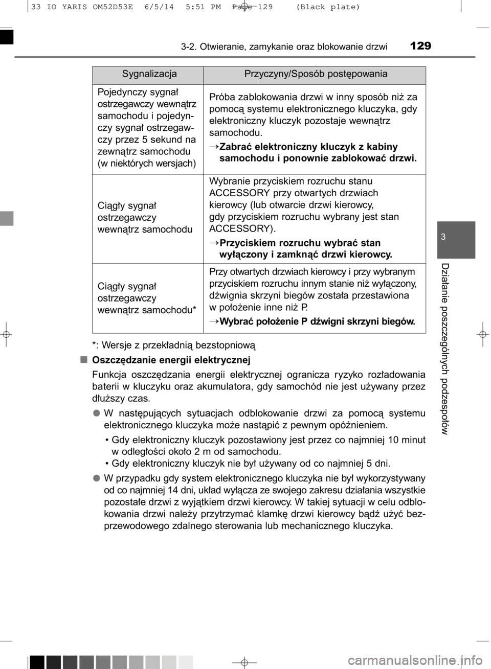 TOYOTA YARIS HATCHBACK 2014  Instrukcja obsługi (in Polish) *: Wersje z przek∏adnià bezstopniowà
Oszcz´dzanie energii elektrycznej
Funkcja  oszcz´dzania  energii  elektrycznej  ogranicza  ryzyko  roz∏adowania
baterii  w kluczyku  oraz  akumulatora,  gd
