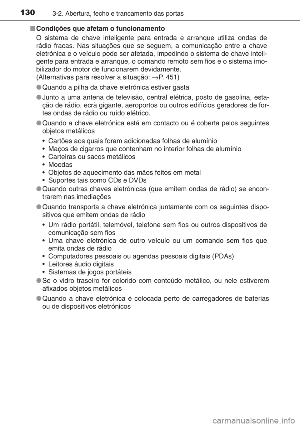 TOYOTA YARIS 2014 Manual de utilização (in Portuguese) 1303-2. Abertura, fecho e trancamento das portas
■Condições que afetam o funcionamento
O sistema de chave inteligente para entrada e arranque utiliza ondas de
rádio fracas. Nas situações que se TOYOTA YARIS 2014 Manual de utilização (in Portuguese) 1303-2. Abertura, fecho e trancamento das portas
■Condições que afetam o funcionamento
O sistema de chave inteligente para entrada e arranque utiliza ondas de
rádio fracas. Nas situações que se