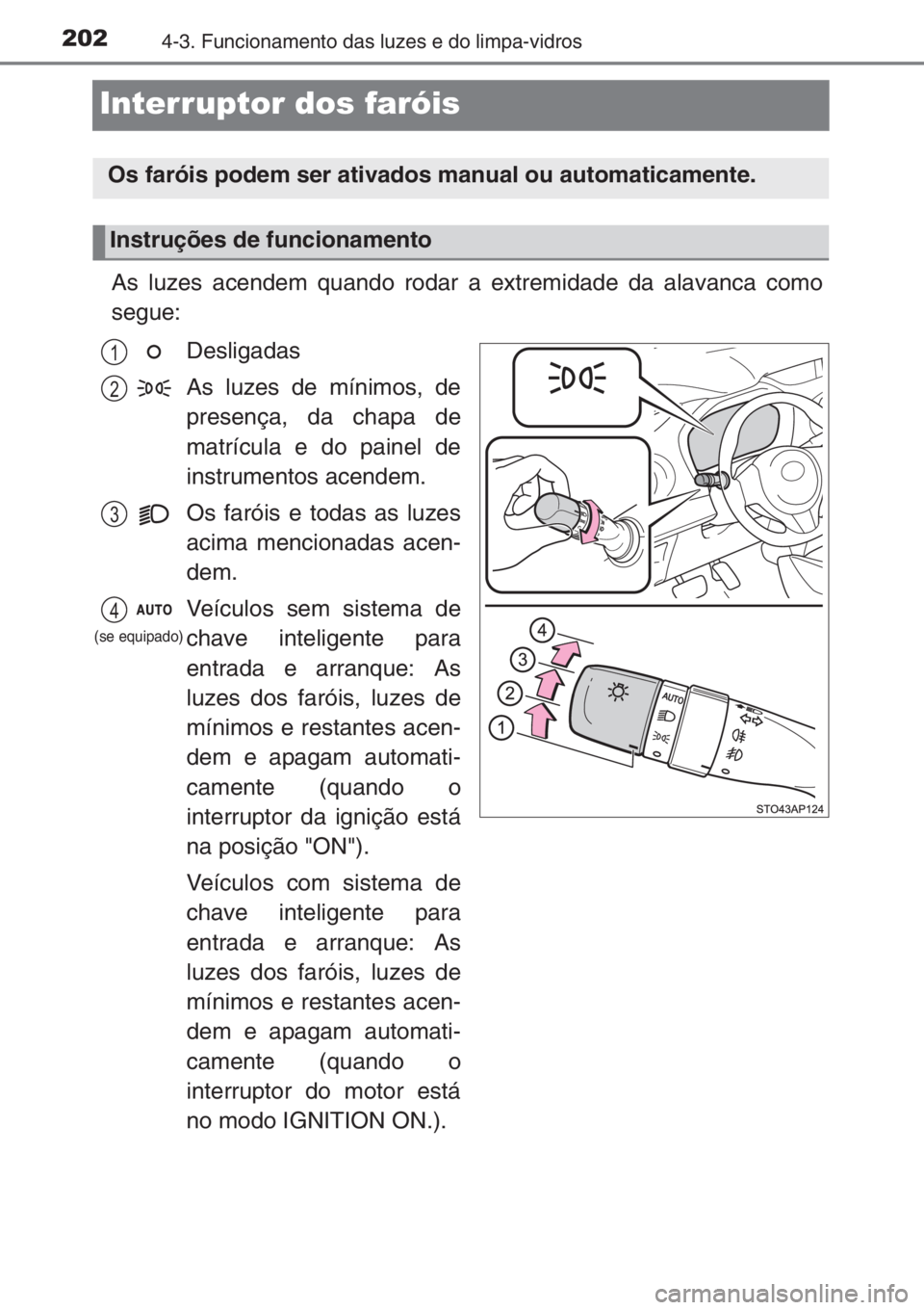 TOYOTA YARIS 2014  Manual de utilização (in Portuguese) 2024-3. Funcionamento das luzes e do limpa-vidros
Interruptor dos faróis
As luzes acendem quando rodar a extremidade da alavanca como
segue:
Desligadas
As luzes de mínimos, de
presença, da chapa de