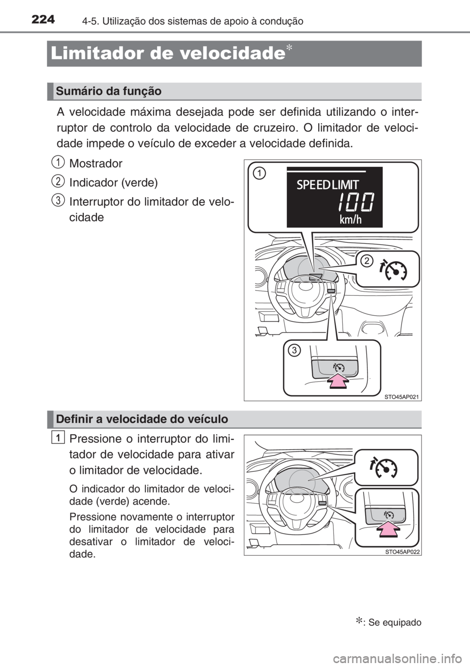 TOYOTA YARIS 2014  Manual de utilização (in Portuguese) 2244-5. Utilização dos sistemas de apoio à condução
Limitador de velocidade∗
∗
A velocidade máxima desejada pode ser definida utilizando o inter-
ruptor de controlo da velocidade de cruzeiro