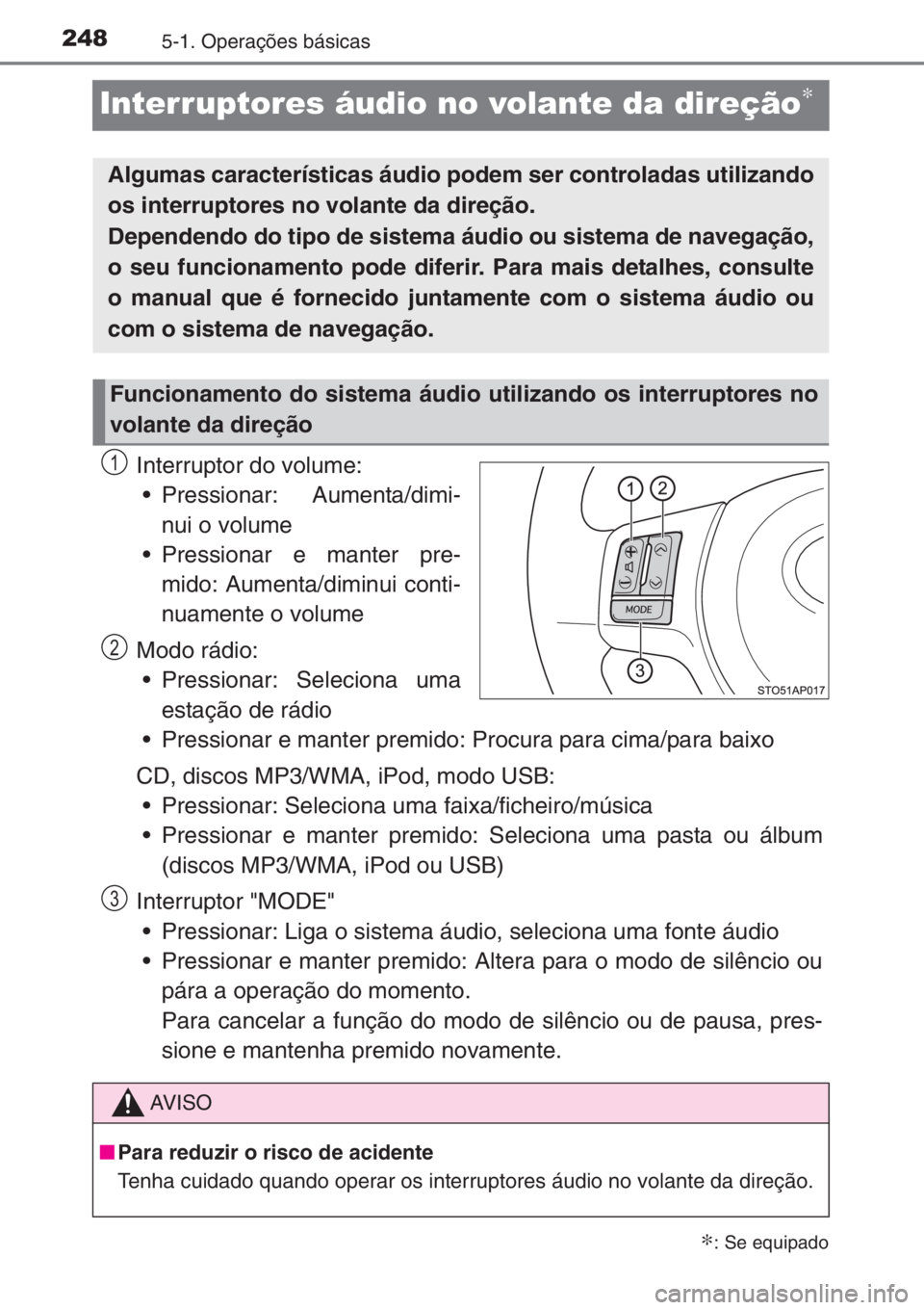 TOYOTA YARIS 2014  Manual de utilização (in Portuguese) 2485-1. Operações básicas
Interruptores áudio no volante da direção∗
Interruptor do volume:
• Pressionar: Aumenta/dimi-
nui o volume
• Pressionar e manter pre-
mido: Aumenta/diminui conti-