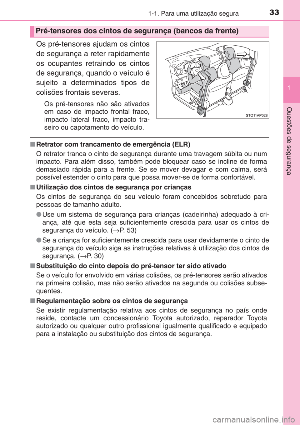 TOYOTA YARIS 2014 Manual de utilização (in Portuguese) 331-1. Para uma utilização segura
1
Questões de segurança
Os pré-tensores ajudam os cintos
de segurança a reter rapidamente
os ocupantes retraindo os cintos
de segurança, quando o veículo é
s TOYOTA YARIS 2014 Manual de utilização (in Portuguese) 331-1. Para uma utilização segura
1
Questões de segurança
Os pré-tensores ajudam os cintos
de segurança a reter rapidamente
os ocupantes retraindo os cintos
de segurança, quando o veículo é
s