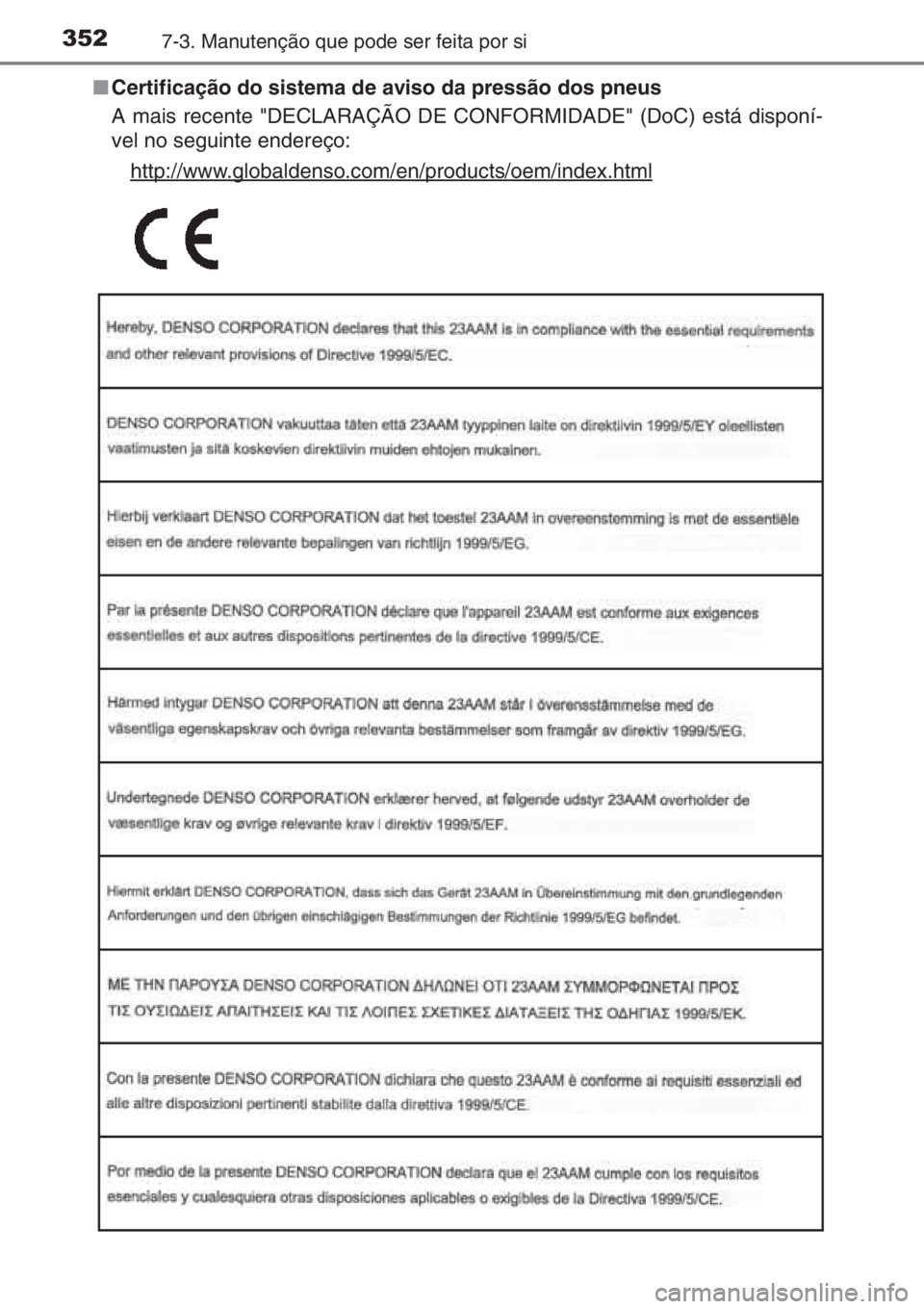 TOYOTA YARIS 2014 Manual de utilização (in Portuguese) 3527-3. Manutenção que pode ser feita por si
■Certificação do sistema de aviso da pressão dos pneus
A mais recente "DECLARAÇÃO DE CONFORMIDADE" (DoC) está disponí-
vel no seguinte e TOYOTA YARIS 2014 Manual de utilização (in Portuguese) 3527-3. Manutenção que pode ser feita por si
■Certificação do sistema de aviso da pressão dos pneus
A mais recente "DECLARAÇÃO DE CONFORMIDADE" (DoC) está disponí-
vel no seguinte e