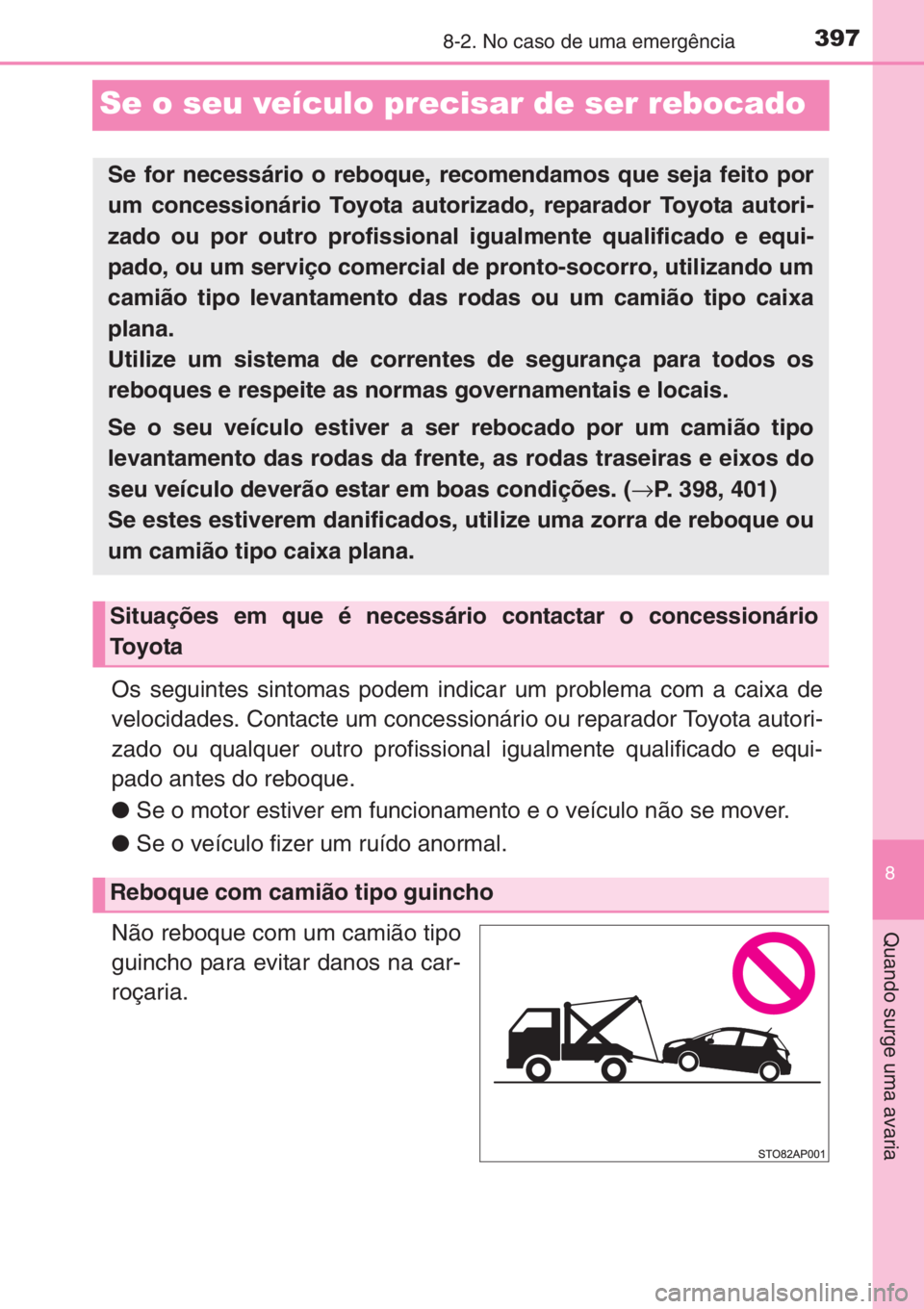 TOYOTA YARIS 2014 Manual de utilização (in Portuguese) 3978-2. No caso de uma emergência
8
Quando surge uma avaria
Se o seu veículo precisar de ser rebocado
Os seguintes sintomas podem indicar um problema com a caixa de
velocidades. Contacte um concessi TOYOTA YARIS 2014 Manual de utilização (in Portuguese) 3978-2. No caso de uma emergência
8
Quando surge uma avaria
Se o seu veículo precisar de ser rebocado
Os seguintes sintomas podem indicar um problema com a caixa de
velocidades. Contacte um concessi