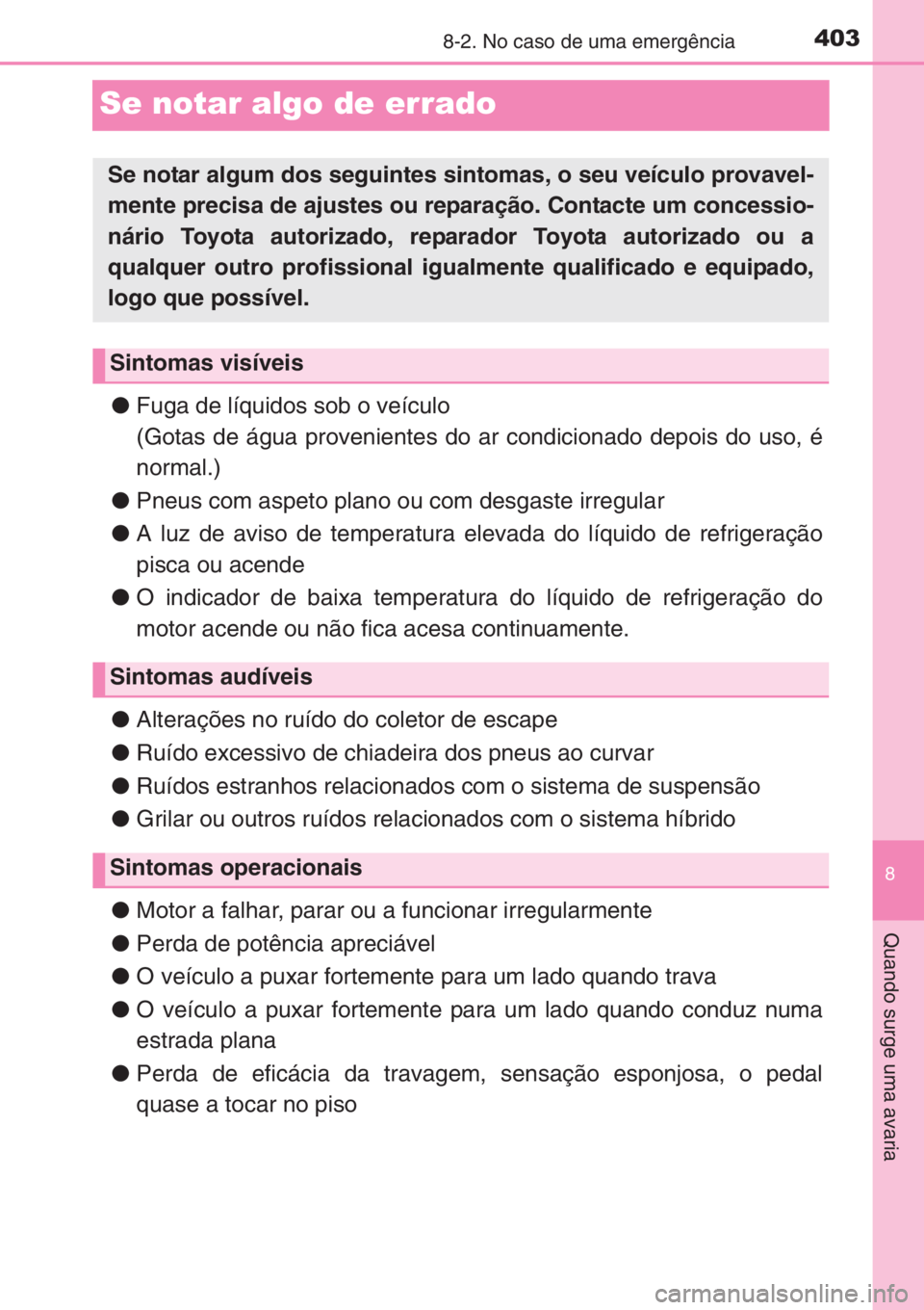TOYOTA YARIS 2014 Manual de utilização (in Portuguese) 4038-2. No caso de uma emergência
8
Quando surge uma avaria
Se notar algo de errado
●Fuga de líquidos sob o veículo
(Gotas de água provenientes do ar condicionado depois do uso, é
normal.)
●P TOYOTA YARIS 2014 Manual de utilização (in Portuguese) 4038-2. No caso de uma emergência
8
Quando surge uma avaria
Se notar algo de errado
●Fuga de líquidos sob o veículo
(Gotas de água provenientes do ar condicionado depois do uso, é
normal.)
●P
